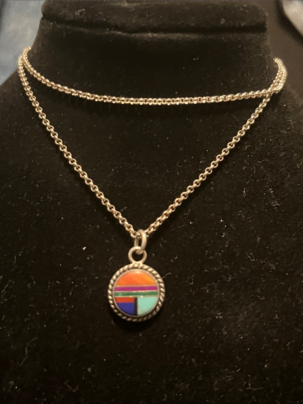 Southwest Style Multicolor Inlay Round 925 Pendant & Necklace